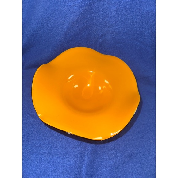 Vintage Teleflora MCM Orange Handblown Art Glass Ruffled Footed Pedestal Bowl - Picture 2 of 4